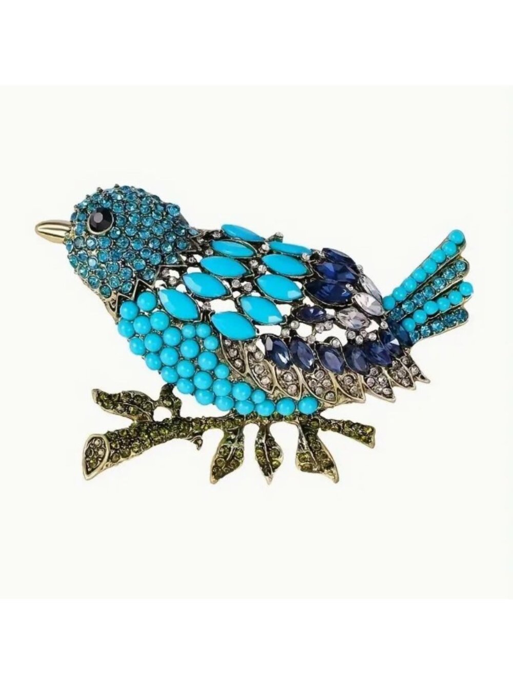 Large Crystal Bird Brooch Pin Blue Rhinestones - Gold Tone